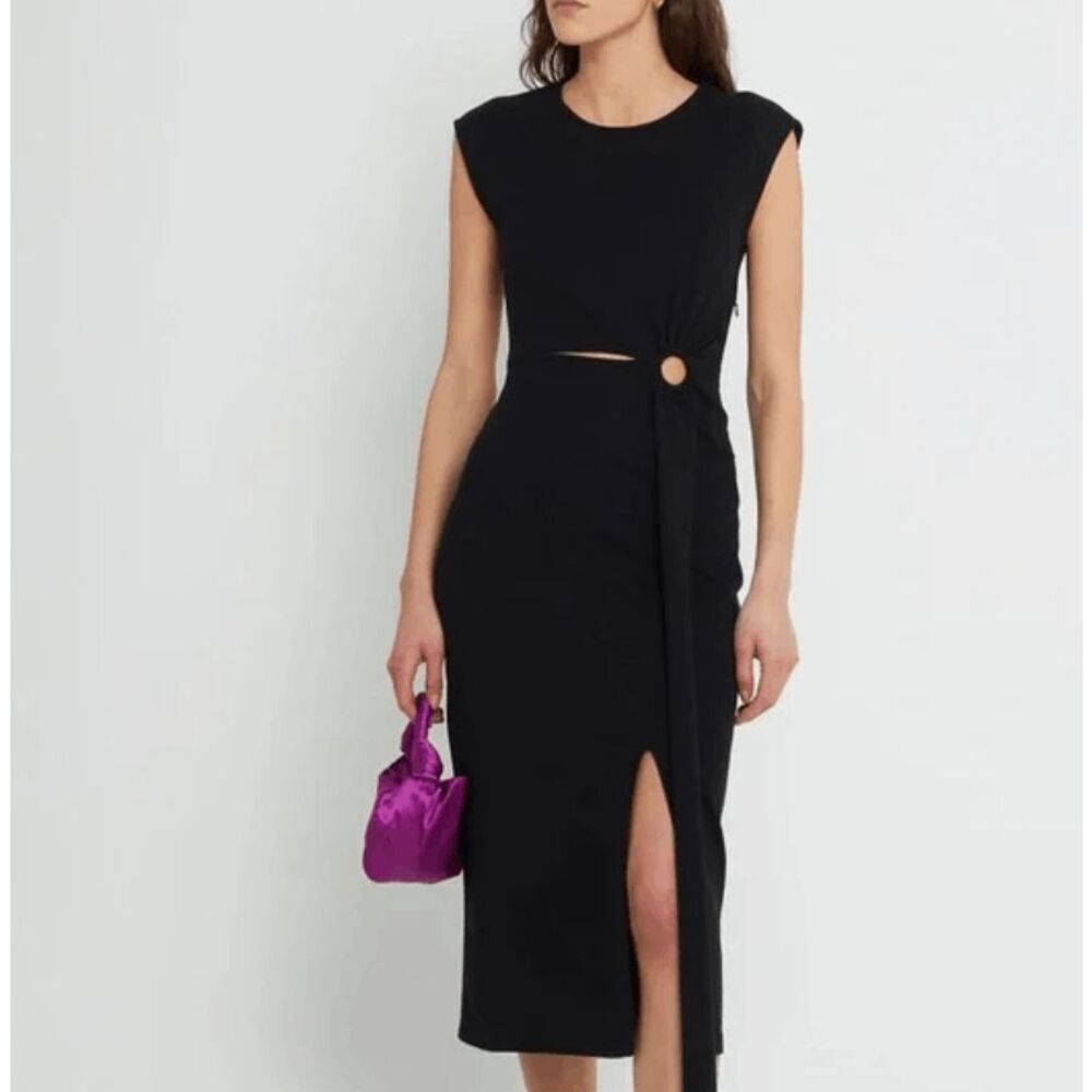 Kourt Courlis Cut Out Midi Dress Black Gathered Ring Waist Slit Size Small